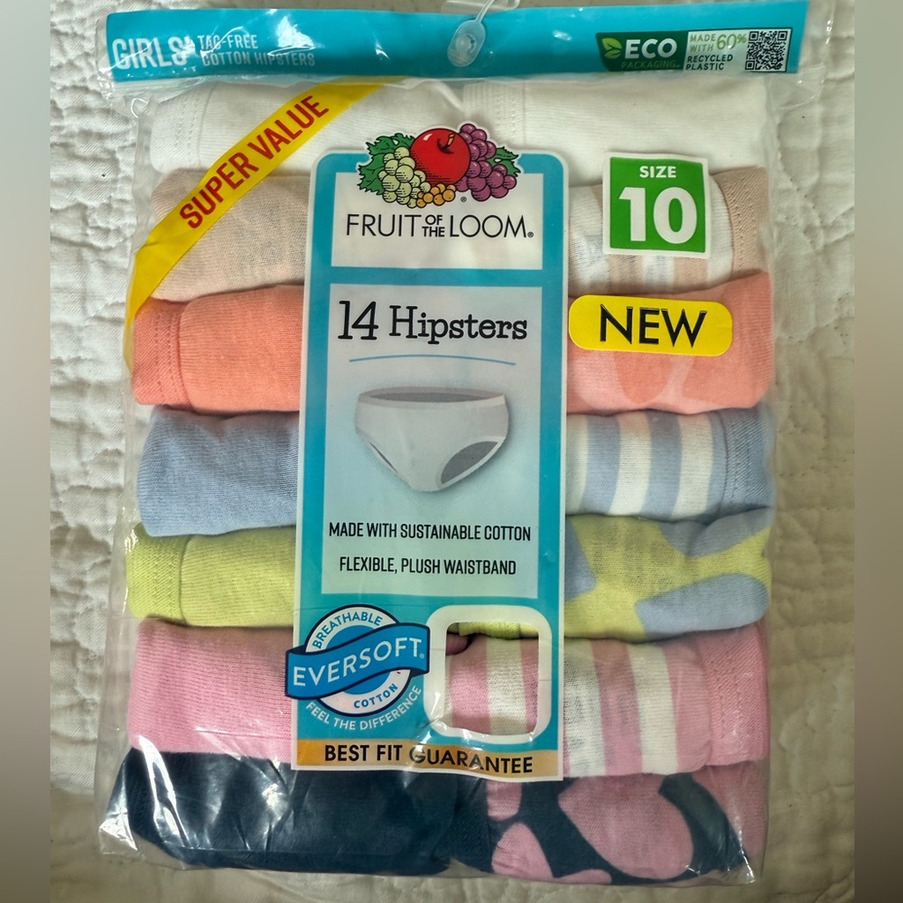 NWT size 10 Fruit of the Loom Tag-Free Hipsters Multi-Color 14 Pack